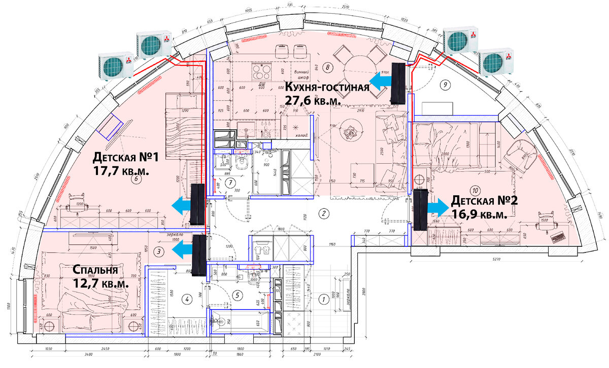 Схема расположения внутренних и наружных блоков кондиционеров в квартире. 
