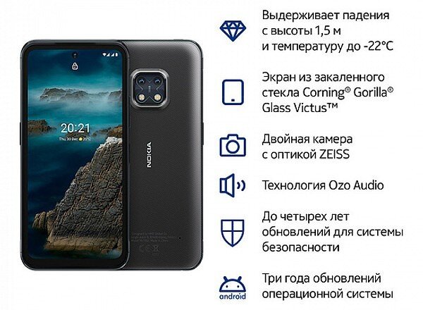 На российском рынке стартовали продажи нового пыле- и влагозащищенного 5G-смартфона Nokia XR20, протестированного на прочность по военному стандарту MIL-STD-810H-2019. Аппарат получил экран с яркостью 500 нит, защищенный стеклом Gorilla Glass Victus, мощную батарею и двойную основную камеру с оптикой Zeiss.