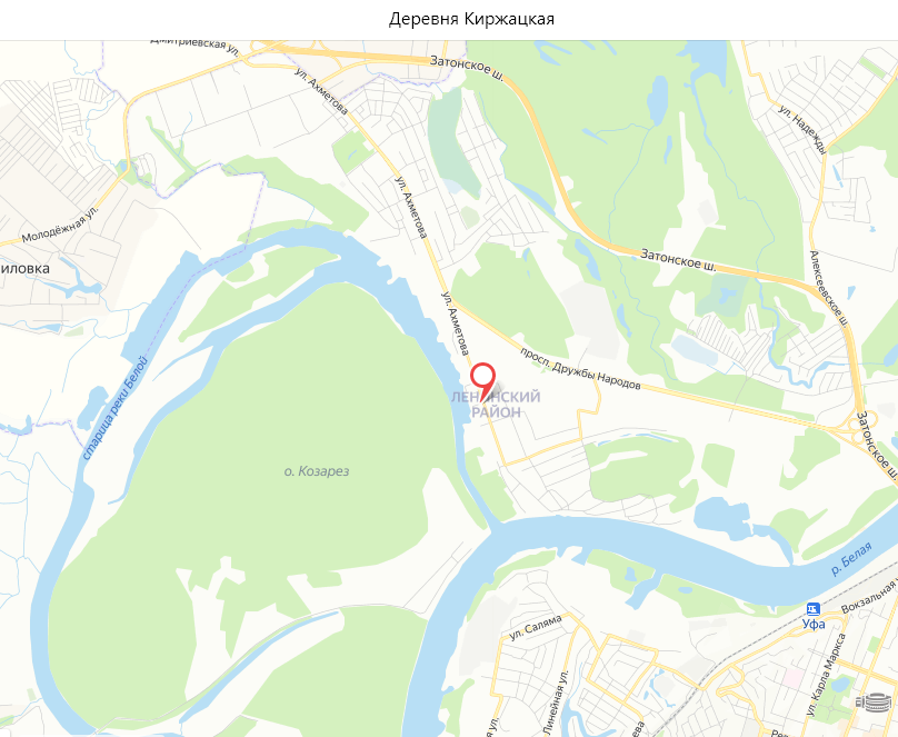 Место, где была деревня Киржацкая, Остров веселости , Любовино тож на современной карте Уфы.