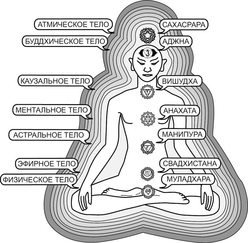иллюстрация тонких тел человека и основных чакр