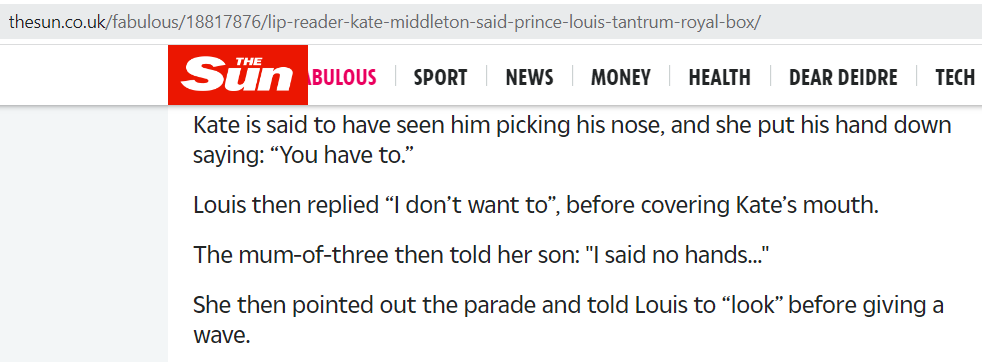 Скриншот-цитата https://www.thesun.co.uk/fabulous/18817876/lip-reader-kate-middleton-said-prince-louis-tantrum-royal-box/ 