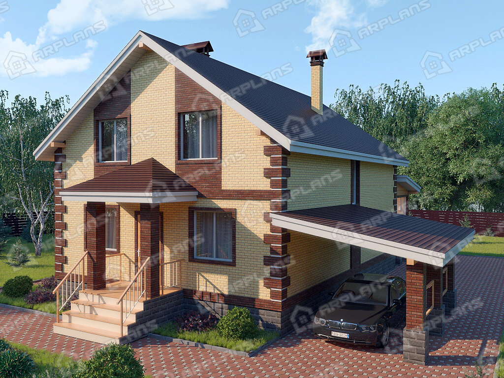 Фото 1 двухэтажного дома из блоков с мансардой, 3 спальнями, балконом, газовой котельной и террасой. Общая площадь 197 кв м. Источник arplans.ru Проект К-106