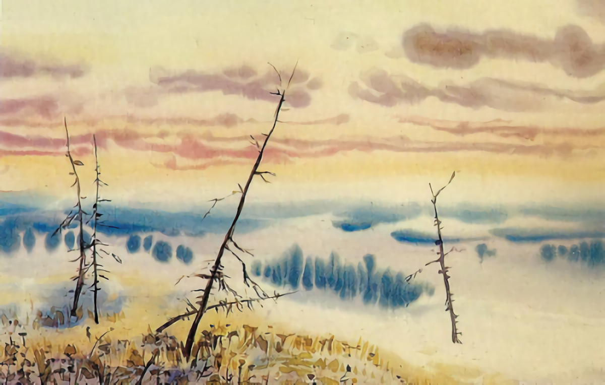 Морозное утро (1989. Бумага, акварель. 52,7х39,4. Фонд Таймырского краеведческого музея)