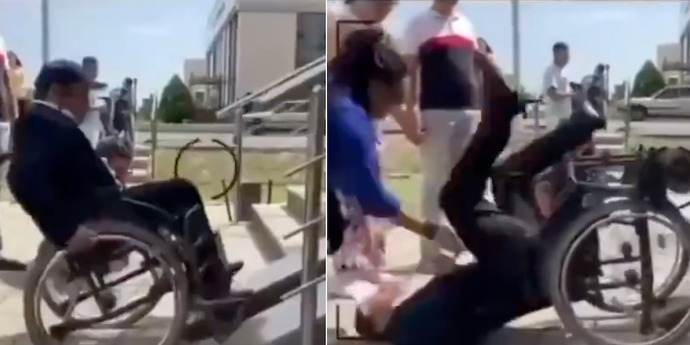 Казахстанский чиновник попробовал заехать на пандус... и выпал из коляски.