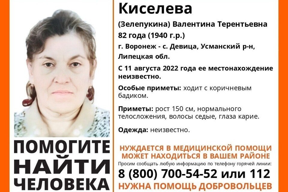     Пенсионерка может находиться в Липецкой области  общественный поисковый отряд «Лиза Алерт»
