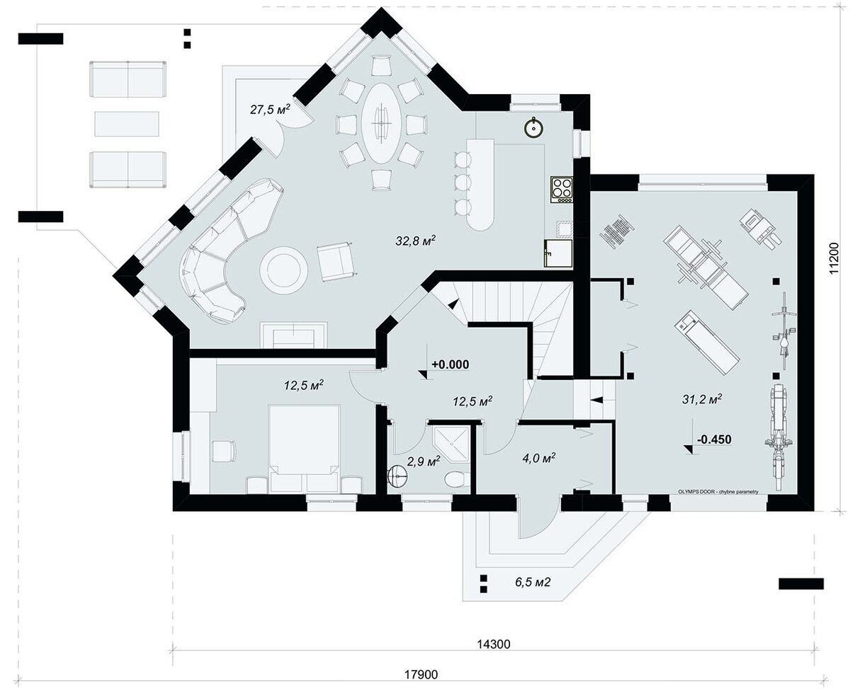 Дневная зона необычной конфигурации, как во всех проектах коллекции, с повернутой под 450 стеной и столовой группой в эркере.