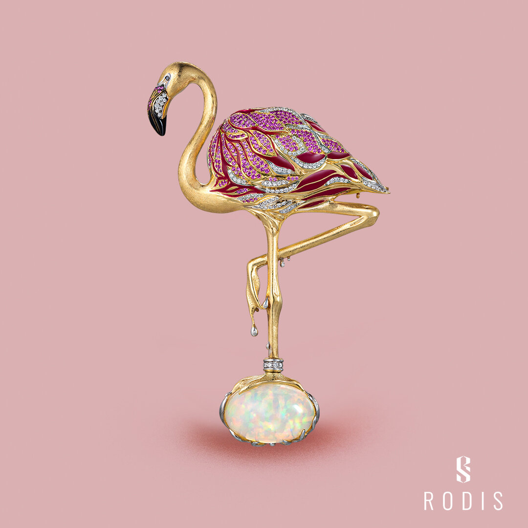 Брошь "Фламинго", золото 585 пробы, прозрачные бриллианты, черные бриллианты, розовые сапфиры, опал, эмаль, ручная работа, выполнена в единственном экземпляре