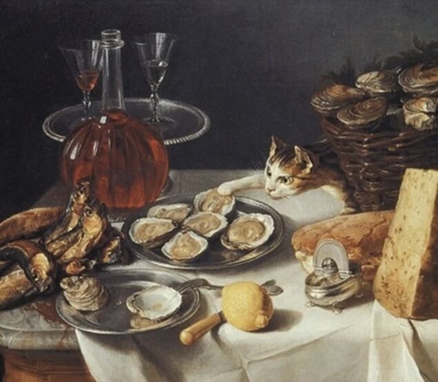 3. Натюрморт с кошкой и скумбрией на столе работы Джованни Ривалта, XVIII век