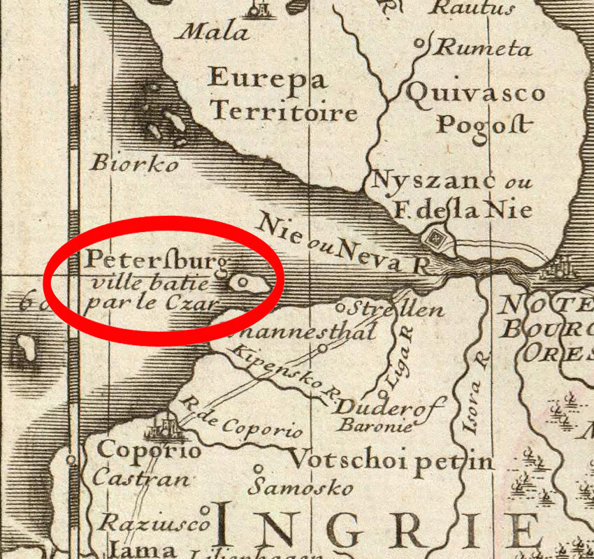 Карта "Московия", Гийом Делиль, 1706 г. На карте неверно указано расположение не только Петербурга (на острове Гогланд), но и города Ниен. Река Нева прямая и больше похожа на пролив.