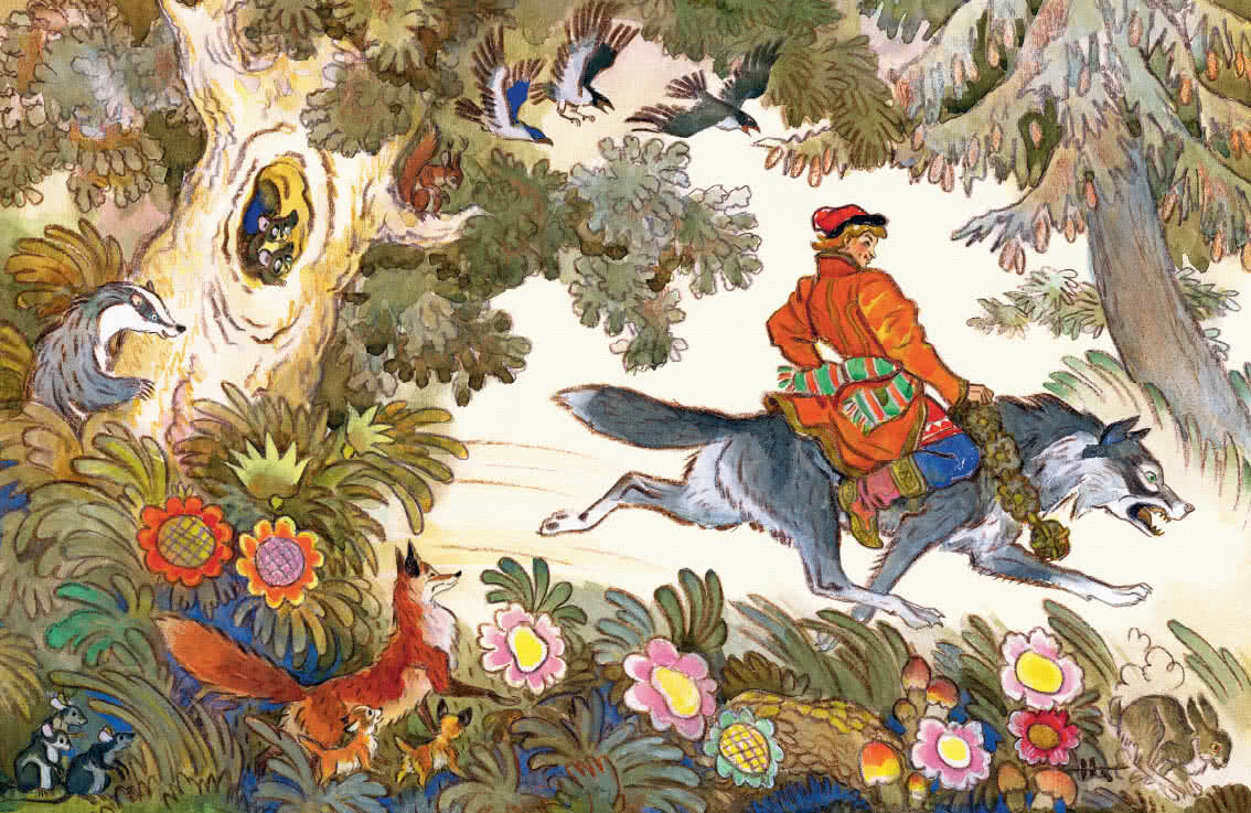 " Фу, фу, тебе на своем добром коне в три года не доехать до Жар-птицы. Я один знаю, где она живет. Так и быть — коня твоего съел, буду тебе служить верой-правдой. Садись на меня да держись крепче". 
Иллюстратор Николай Кочергин