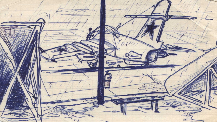 «Дождь на заправочной» рисунок Анатолия Кузнецова (Босса), 1976