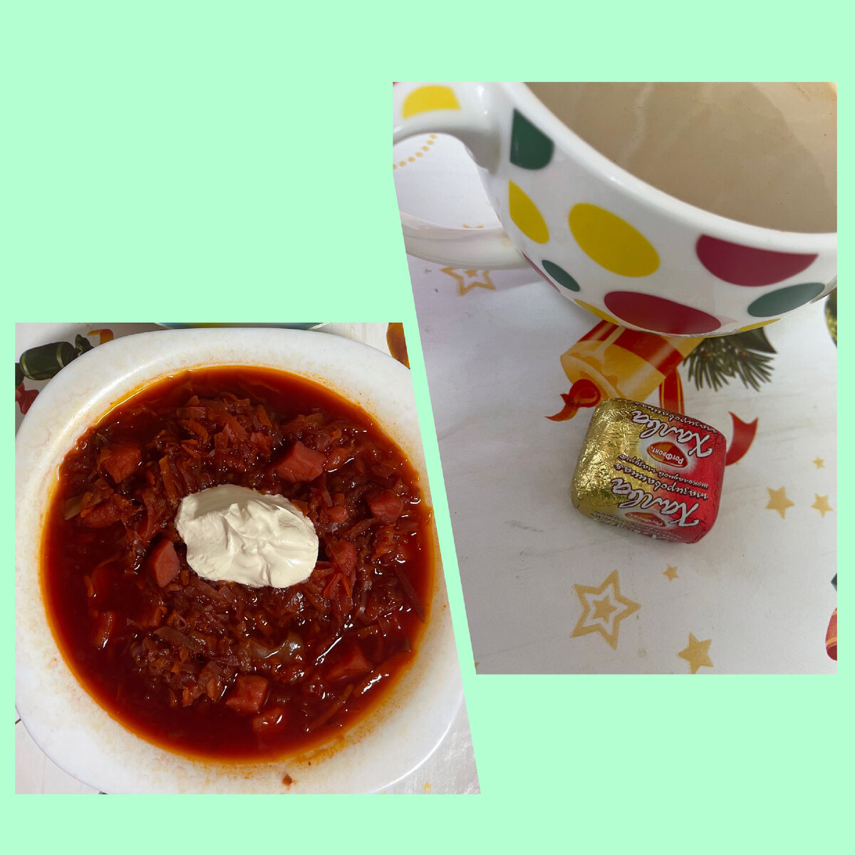 Борщ со сметаной, кофе с конфетой халва в глазури, обожаю их. 