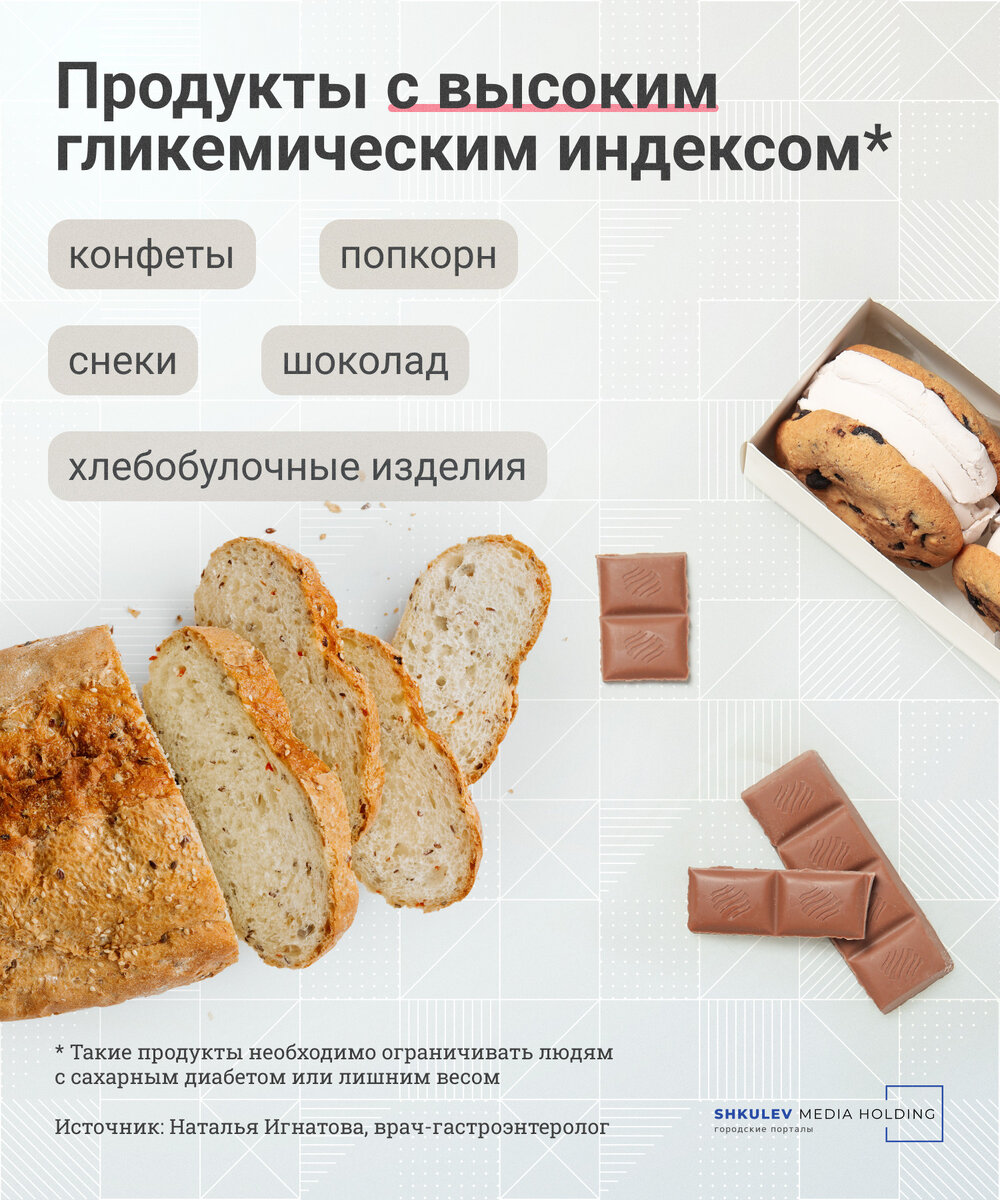     Если ГИ у продуктов высокий, то они будут повышать уровень анаболических гормонов, дающих быстрое, но короткое насыщение. Затем наступит сильный голод    
 Инфографика: Виталий Калистратов / Городские порталы