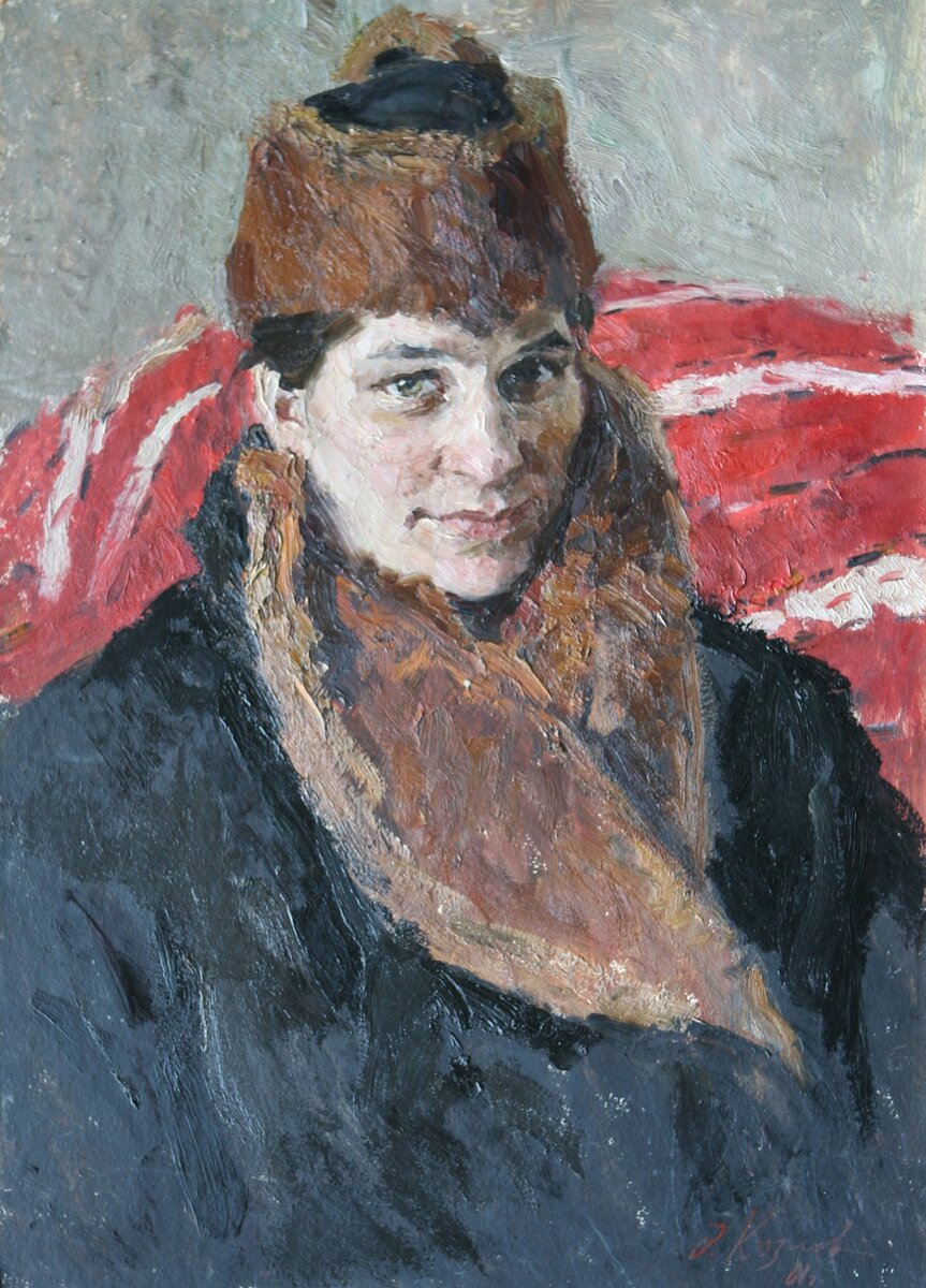 Энгельс Козлов "Портрет Гали в колонковой шапочке" 1961. Картон, масло. 70х50. Собрание МВЦ "Петербургский художник"