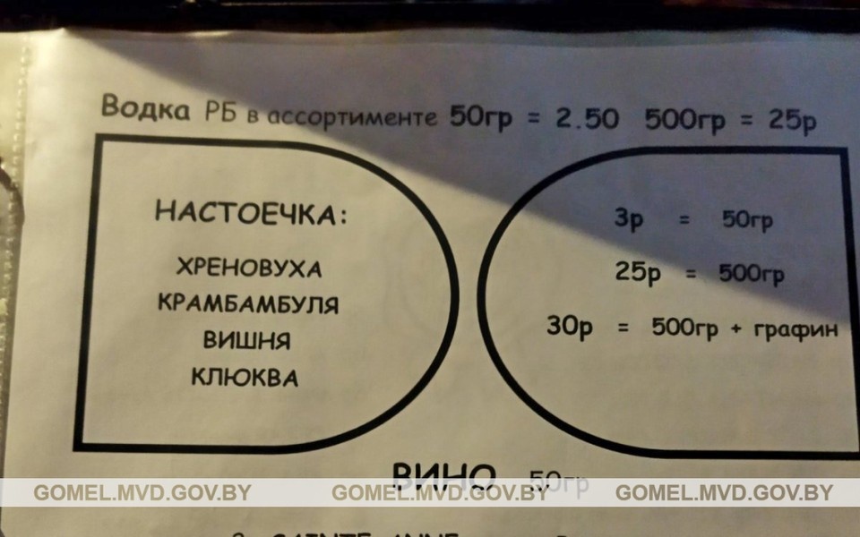     Паленую крамбамбулю и хреновуху продавали в кафе в Жлобине. Фото: gomel.mvd.gov.by