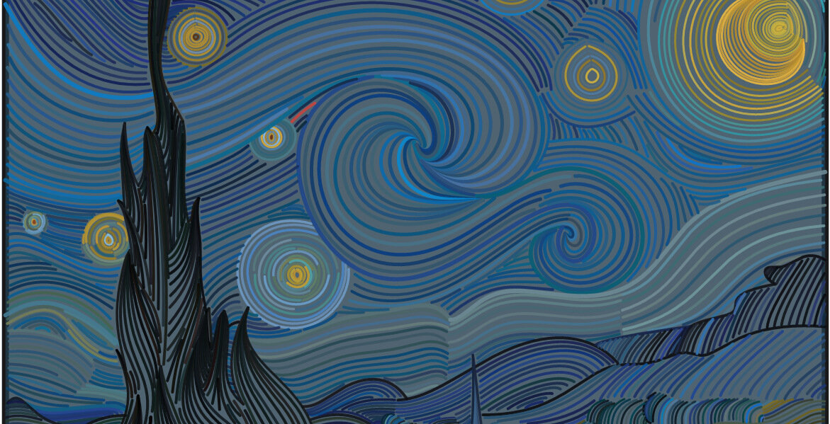 «Звёздную ночь» воспроизвели при помощи кривых Безье (графический калькулятор Desmos). 