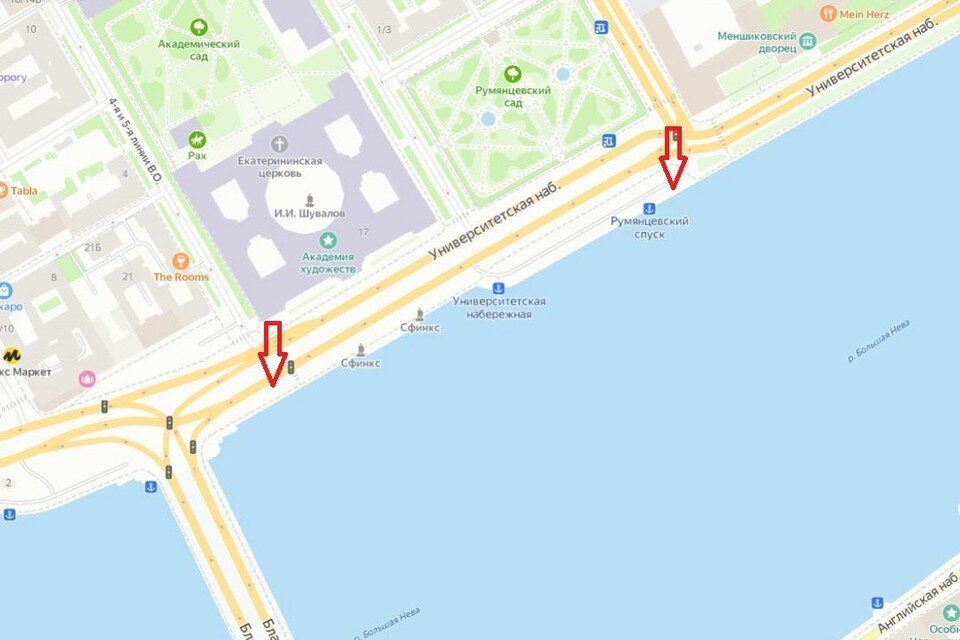     Участок набережной со спуском к сфинксам закроют на ремонт. Фото: Яндекс.Карты.