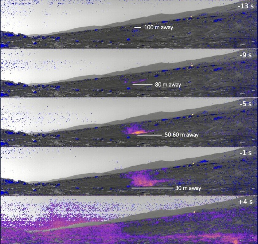    Это изображения сделаны навигационной камерой марсохода Perseverance во время столкновения с «пылевыми дьяволами». Фото были обработаны, чтобы показать количество пыли. Цветовая шкала варьируется от самого низкого содержания пыли (синий) до самого высокого (желтый). Источник: NASA