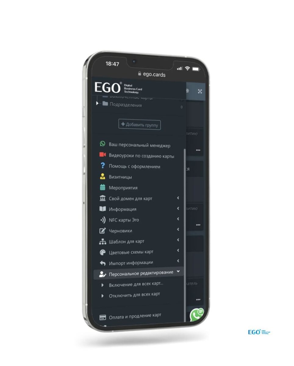 Персональное редактирование электронной визитки Эго