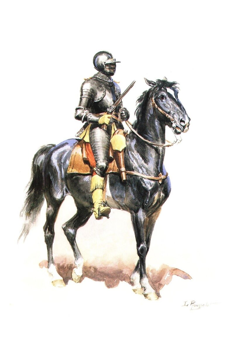 Кирасир первой половины XVII в. Мечом такую броню проковырять нереально, но ради защиты от пуль кирасы становятся все толще и тяжелее. Поэтому от лишних элементов доспеха постепенно отказываются.