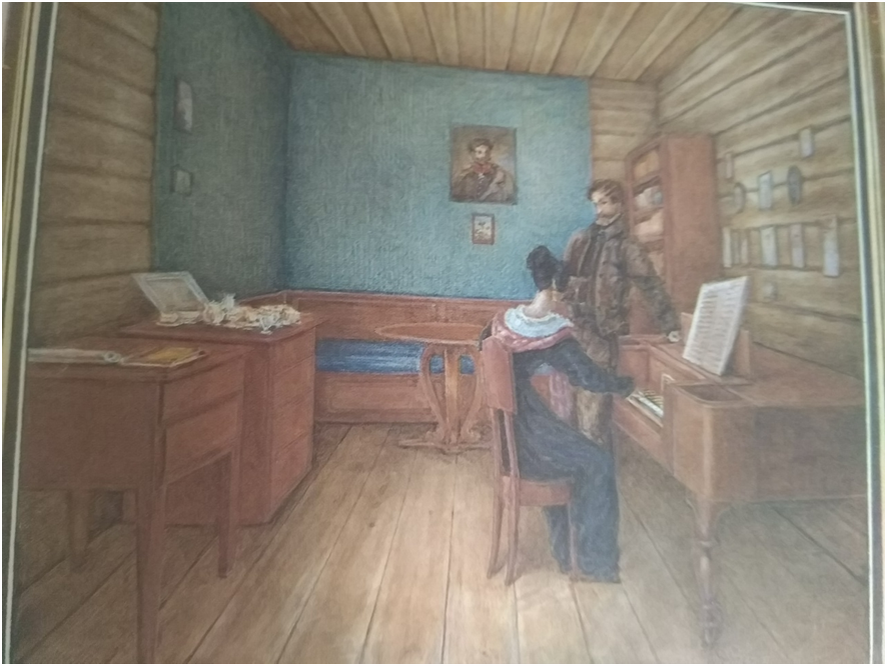 С.Г. Волконский с женой в камере, отведенной им в Петровской тюрьме, Н.А. Бестужев, 1830 г.