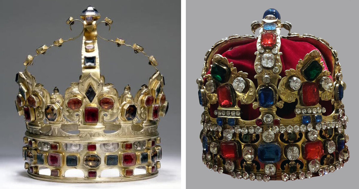 Две польские короны, о которых речь в посте. Слева - корона Августа II (1670 - 1733), серебро, натуральные полудрагоценные камни, находится в Дрездене. Справа - корона его сына Августа III (1696 - 1763), серебро, стеклянные стразы, находится в Варшаве. 