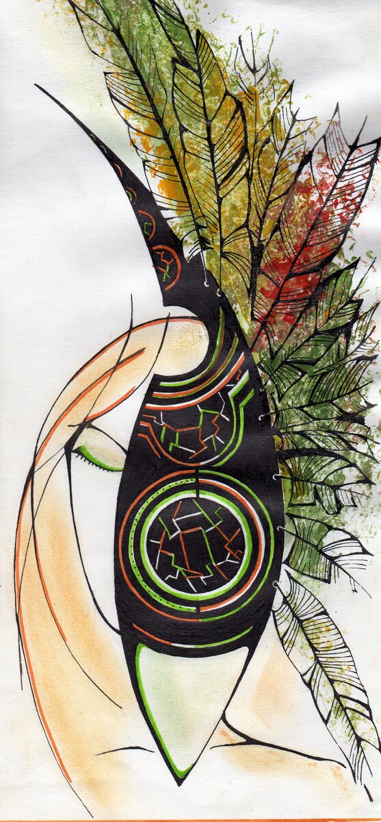 Маска Майя. Темпера, пастель, гелевая ручка, фломастеры. Фото из личного архива. Кстати, это начало 2000-х., гелевых ручек ещё столько не было, как сейчас в каждом канцелярском. Тогда хорошие ещё поискать надо было, и стоили они довольно дорого, но мы брали сразу по 10 штук, так как заканчивались быстро. Вместо ручек иногда рисовали пером и тушью. Но это, конечно, не так удобно, другая техника, иногда перо оставляло кляксу, тушь попадалась не очень, быстро засыхала или наоборот, слишком жидкая. В общем, гелевая ручка была модной новинкой на замену туши.