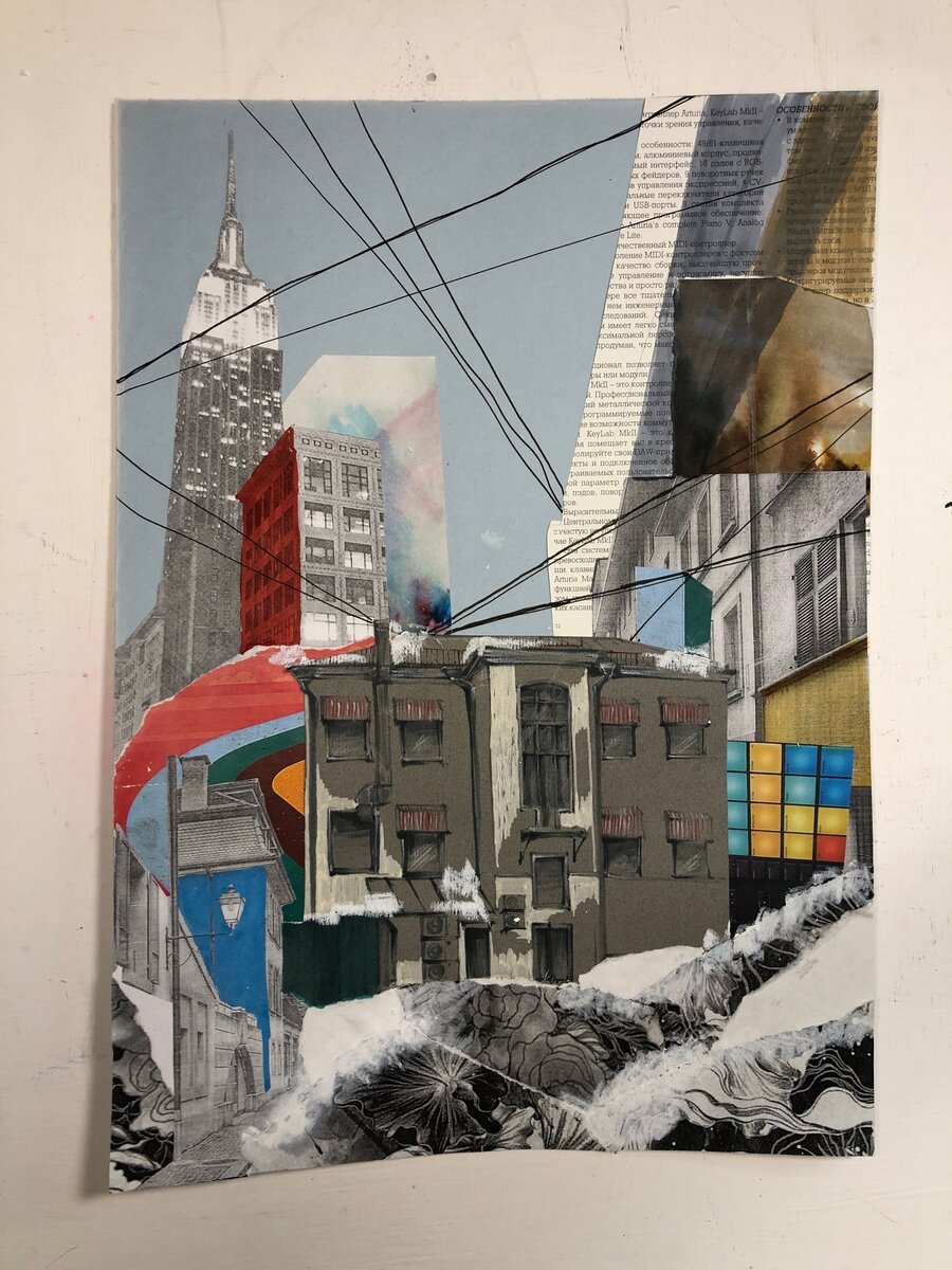 Коллаж, смешанная техника (работа на пленэре+коллаж), Татьяна Эхинова