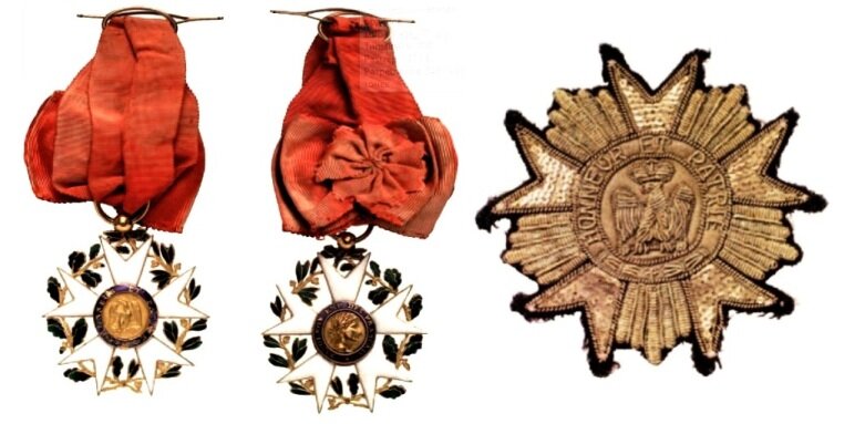Знаки ордена Почетного легиона периода Консулата (1802-1804 гг.): Знак легионера, знак офицера (с розеткой) и звезда Высшего офицера