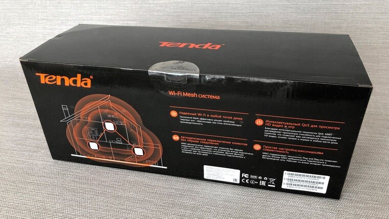 Упаковка Tenda MW3 с антивандильным стикером. Схема подключения размещена на коробке, 