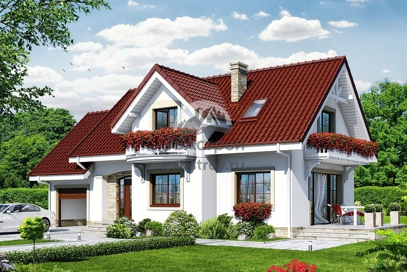 Проект дома 160 м2 из керамоблоков с мансардой, гаражом, балконом и террасой - VV-6