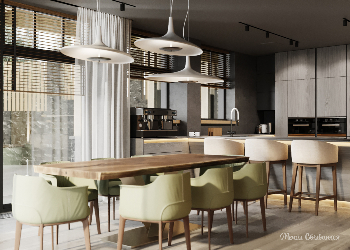 Кухня-столовая из проекта дома в Сочи.