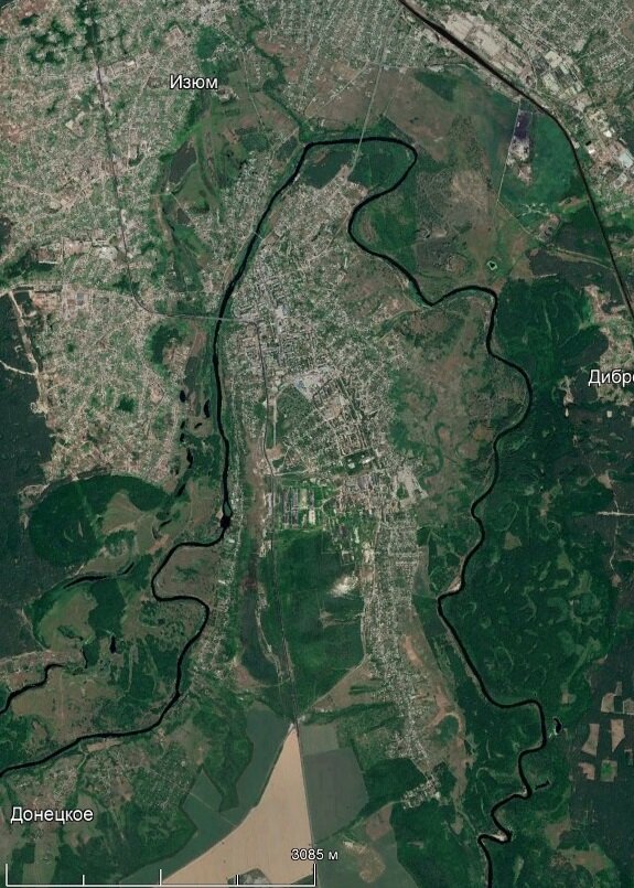 Вид на изюмскую излучину из космоса, взято из Google Earth Pro