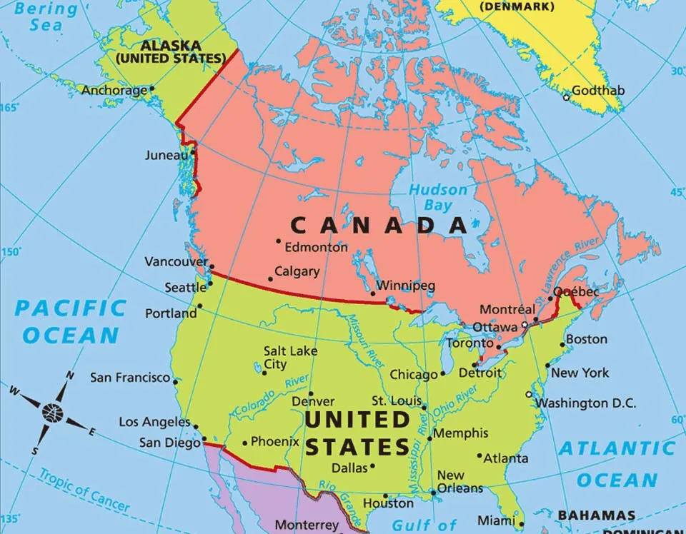Страна больше сша но меньше канады. Канада на карте Северной Америки. Политическая карта Северной Америки на английском. Карта Северной Америки со странами на английском. Границы Канады на карте Северной Америки.