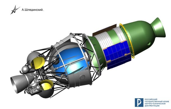 Шлядинский А.Г. Модель корабля 7К-Л1 с ракетным блоком «Д», выполненная в программе Autocad. Вид сбоку. РГАНТД. Личный фонд А.Г. Шлядинского.