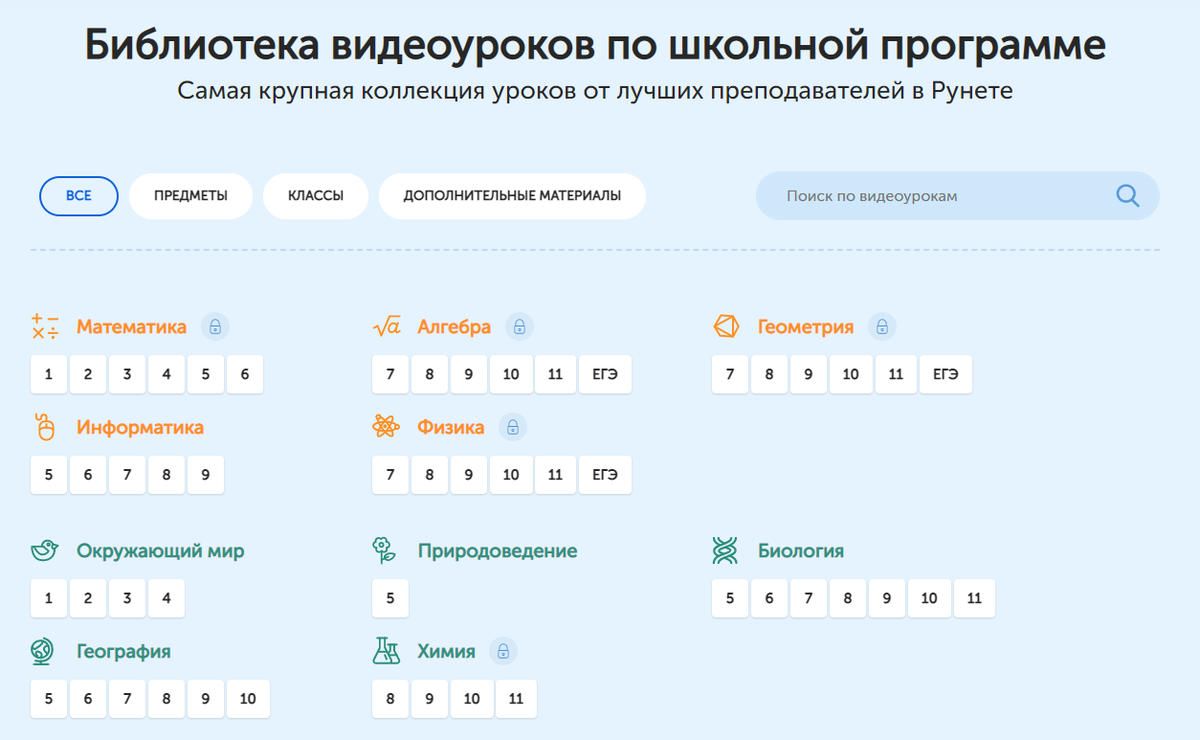 Список предметов и классов