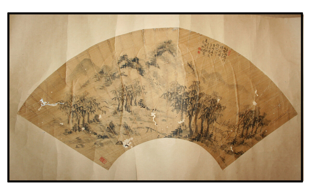 Веер.19 век. до реставрации .Ткань .бумага, тушь.