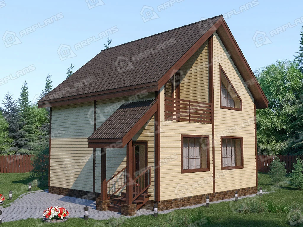 Фото 1 двухэтажного дома из газобетона с мансардой, 3 спальнями и балконом. Общая площадь 90 кв м. Источник arplans.ru Проект К-115