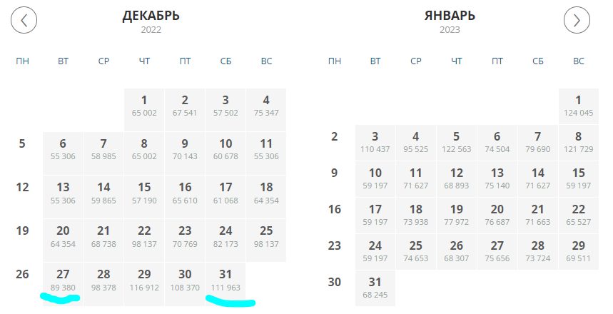 Календарь цен - туры в Шри Ланку