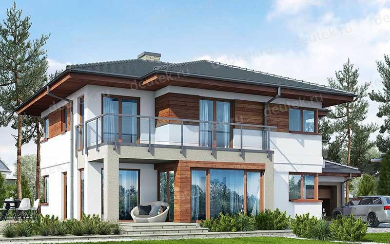 Проект двухэтажного дома 221 м2 из керамоблоков с двухместным гаражом, балконом и террасой - DTV100216