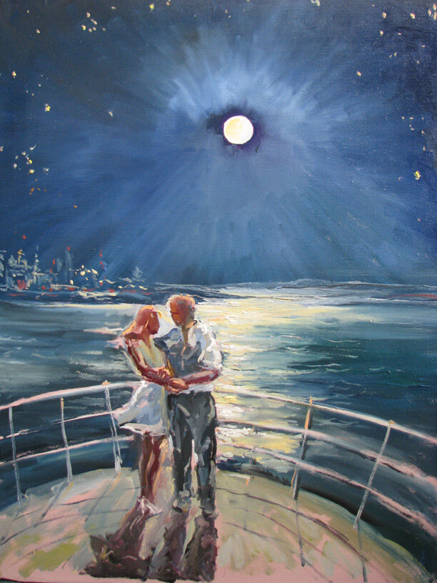 Ветер и луна не подходят друг другу. Двое на корабле живопись. Влюбленные на море живопись. Двое под луной в живописи. Звезды картины художников.