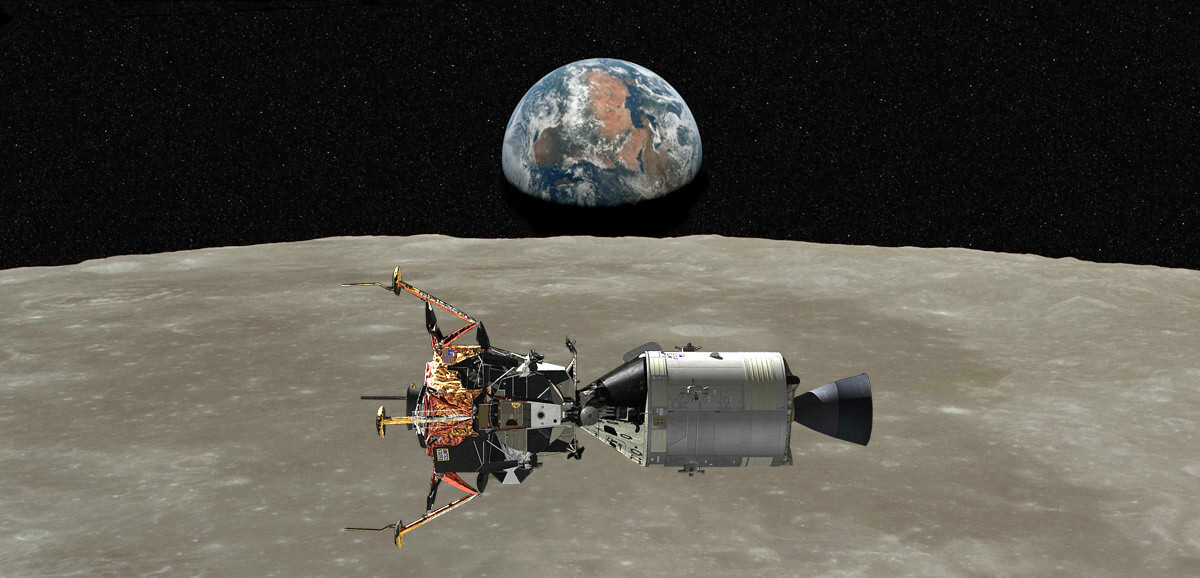 Космический корабль «Аполлон-10» со спускаемой ступенью на фоне поверхности Луны. Представление художника. Из открытых источников.