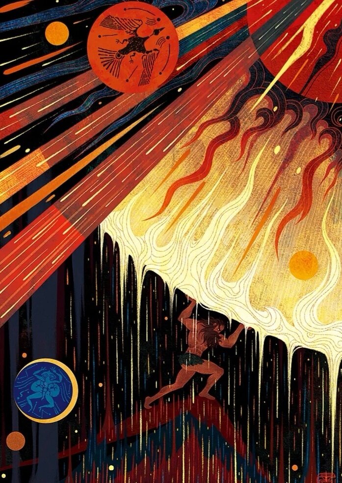 Паньгу (относится к "светоносным духам" шэнь-мин) отделяет небо от земли. Автор: Yu Guzhen