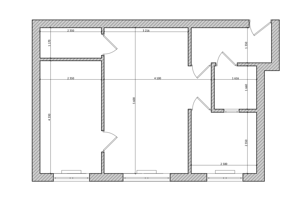 Изначальная планировка двушки,  площадь 45 м²