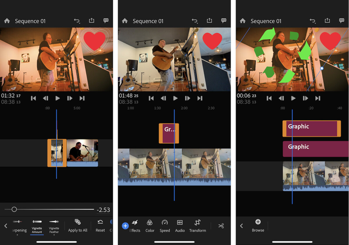 Три снимка экрана из мобильного приложения Adobe Premiere Rush. 