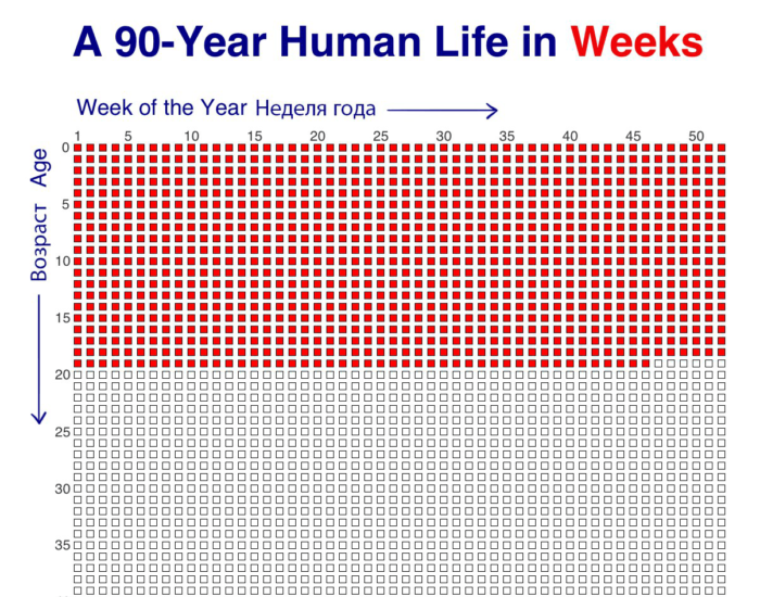 Красными квадратиками отмечены прожитые недели, белыми - то, что осталось до 90 лет.