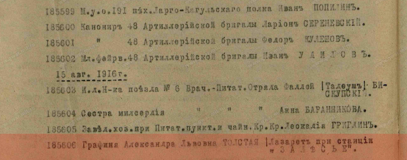 Список нижних чинов, награжденных Георгиевскими крестами и медалями разных степеней. Толстая Александра Львовна, лазарет при станции