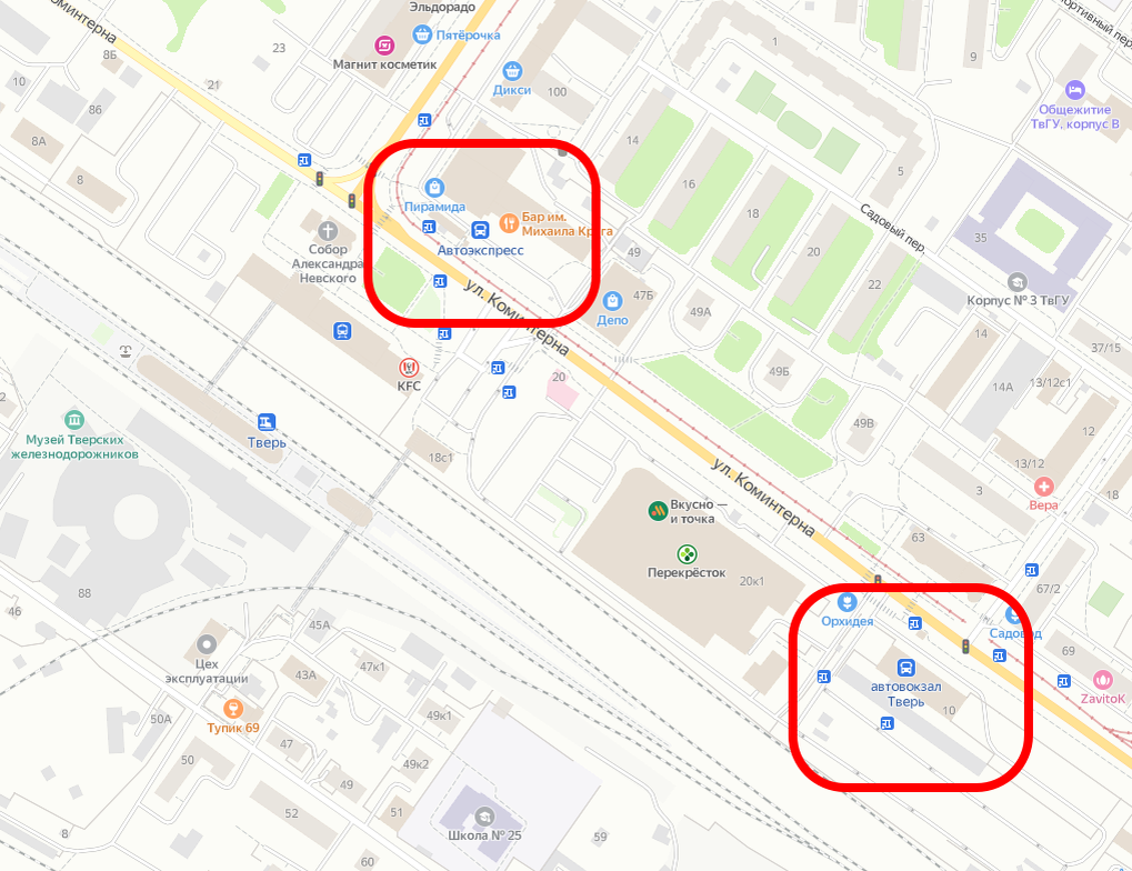 Расположение мест отправления в Твери