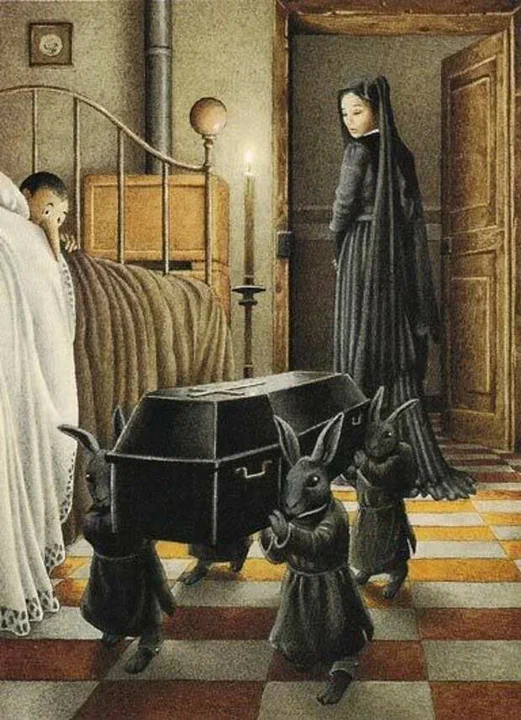 Рисунок Роберто Инноченти к "Приключениям Пиноккио..." Четыре чёрных кролика несут гроб, куда обещали положить Пиноккио за отказ пить лекарство