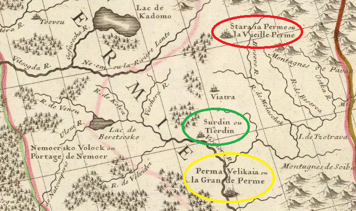 Пермь Старая или Вычегоцкая (обведена красным), Пермь Великая (обведена желтым) и Чердынь (обведена зеленым) на иностранной карте 1706 года.